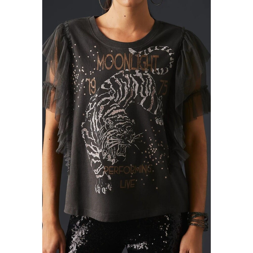 Anthropologie Pilcro Tulle Mesh Tee Blouse Top Graphic Printed Black XS 289855